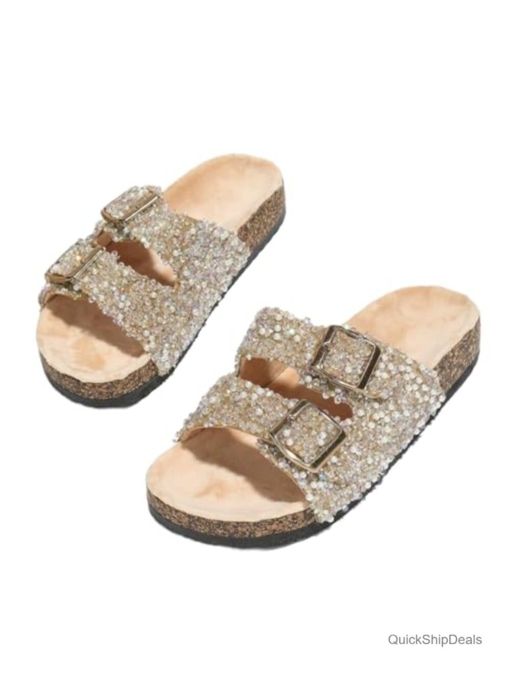 Cork Footbed Slides with Sequin Diamond Detailing and Metal Buckle